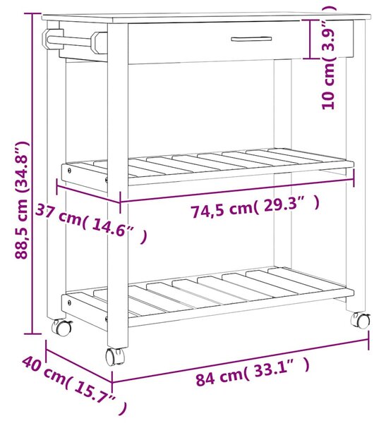 MONZA tömör fenyőfa konyhai kocsi 84 x 40 x 88,5 cm