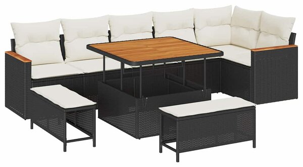 Kerti Kanapé Szett párnával 9 pcs Fekete Poli rattan