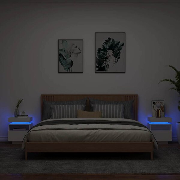2 db fehér műfa éjjeliszekrény LED-fényekkel 40x39x48,5 cm