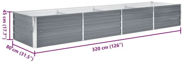 Szürke horganyzott acél kerti magaságyás 320 x 80 x 45 cm