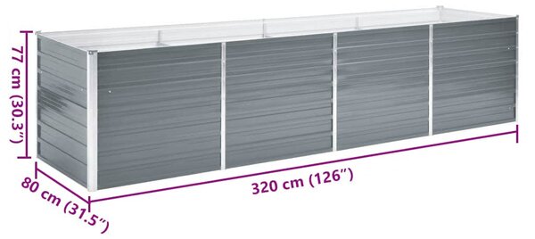 Szürke horganyzott acél kerti magaságyás 320 x 80 x 77 cm