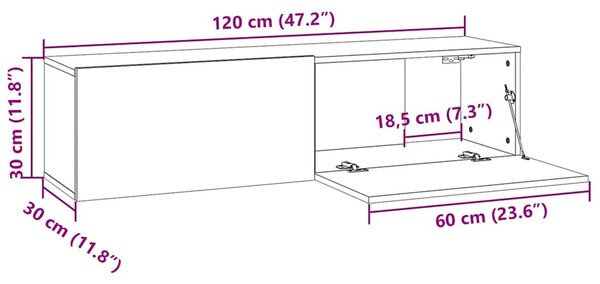 Antik fa színű szerelt fa fali TV-szekrény 120 x 30 x 30 cm