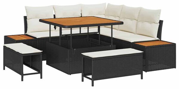Kerti Kanapé Szett párnával tárolóval 8 pcs Fekete Poli rattan