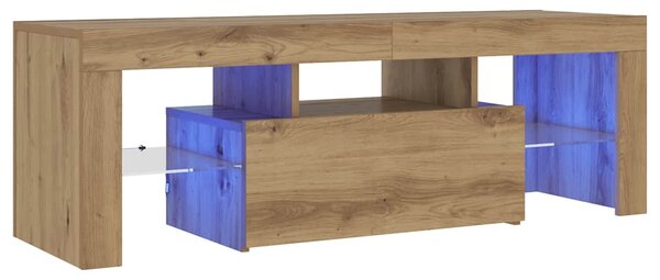 Kézműves tölgy szerelt fa TV-szekrény LED-ekkel 120x36,5x40 cm