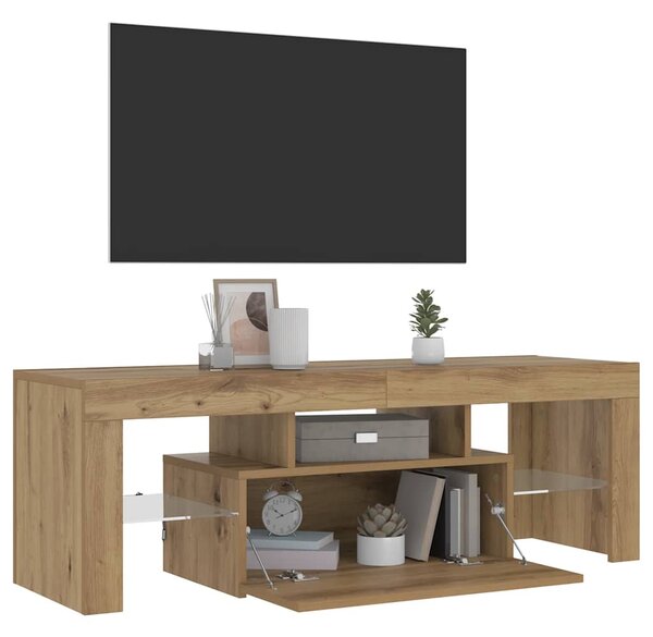 Kézműves tölgy szerelt fa TV-szekrény LED-ekkel 120x36,5x40 cm