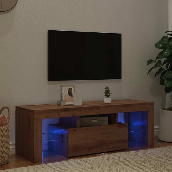 Kézműves tölgy szerelt fa TV-szekrény LED-ekkel 120x36,5x40 cm