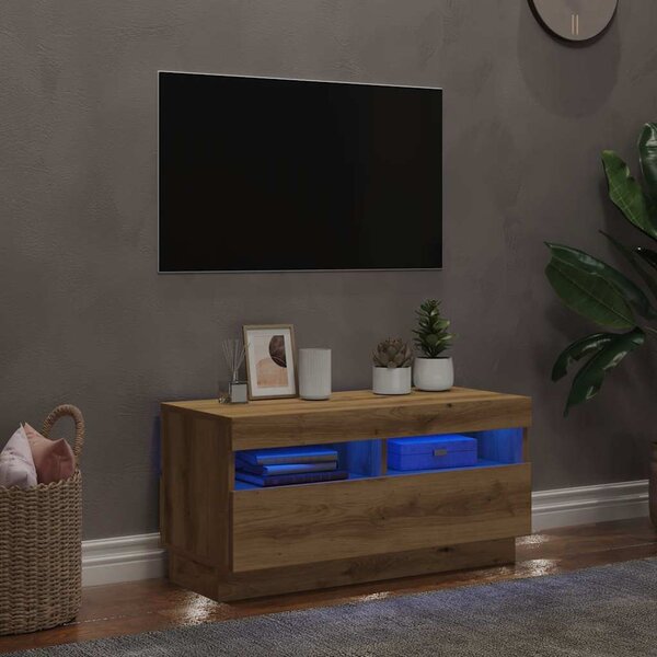 Kézműves tölgyszínű szerelt fa TV-szekrény LED-ekkel 80x35x40cm