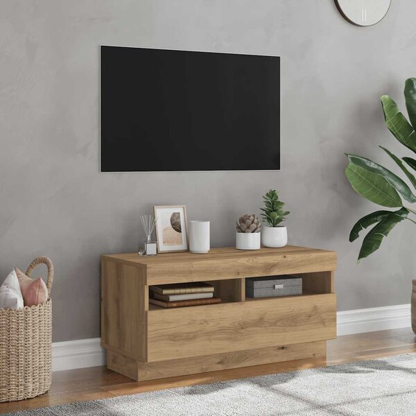 Kézműves tölgyszínű szerelt fa TV-szekrény LED-ekkel 80x35x40cm