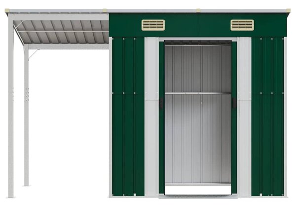 Zöld kerti fészer meghosszabbított tetővel 277x107x181 cm