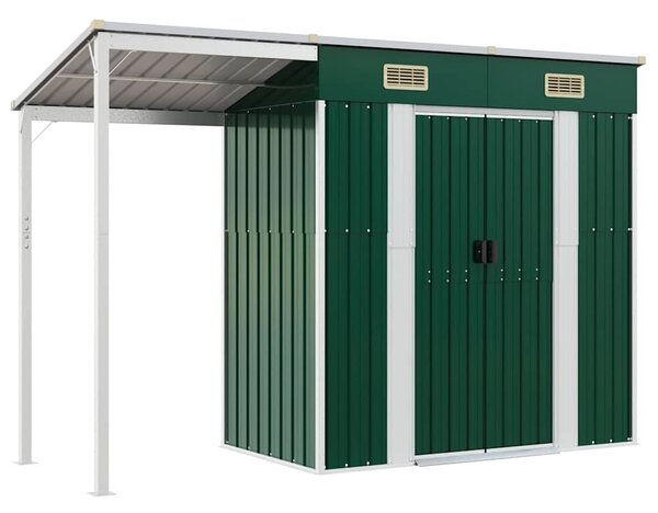 Zöld kerti fészer meghosszabbított tetővel 277x107x181 cm