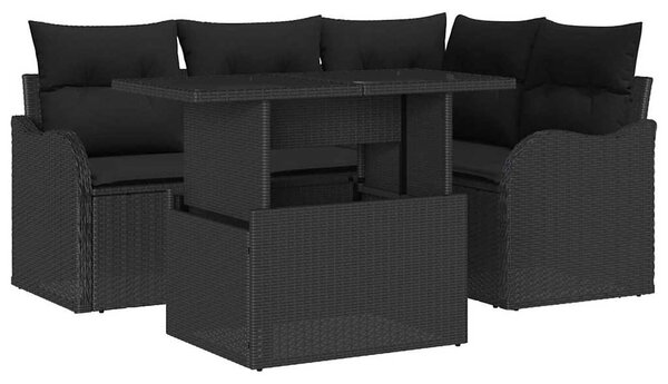 Kerti Kanapé Szett 5 db Fekete Poly Rattan
