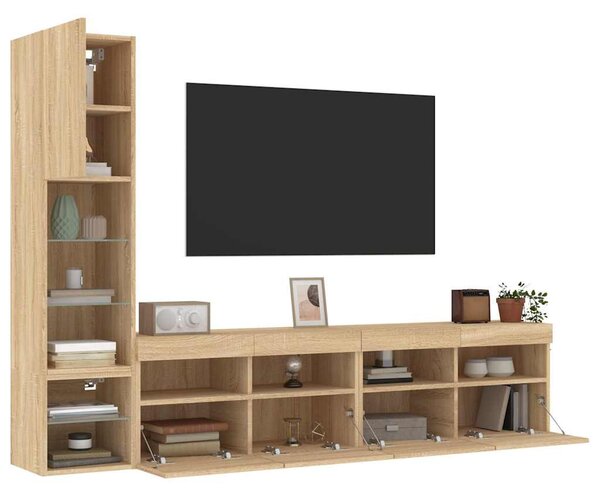 4 darab füstös tölgy színű szerelt fa TV-bútor LED-del