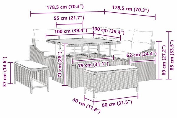 Kerti Kanapé Szett párnával tárolóval 8 pcs Szürke Poli rattan