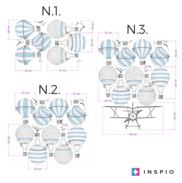 INSPIO - átragasztható textil matrica - Falmatrica - Kék hőlégballonok