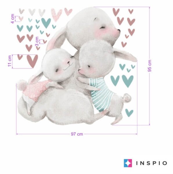 INSPIO - átragasztható textil matrica - Nyuszi család matrica szívecskékkel