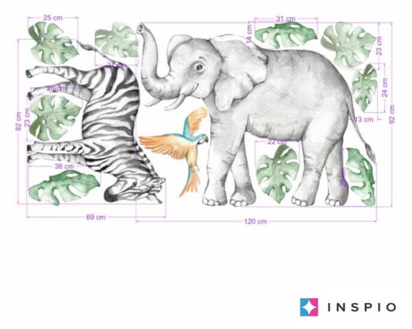 INSPIO - átragasztható textil matrica - Fali matrica - Elefánt és zebra a SZAFARI-ból