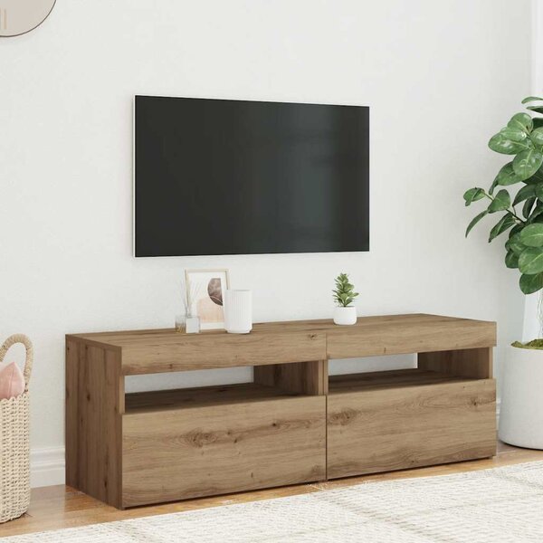 2 db kézműves tölgy színű szerelt fa TV-szekrény LED-lámpákkal