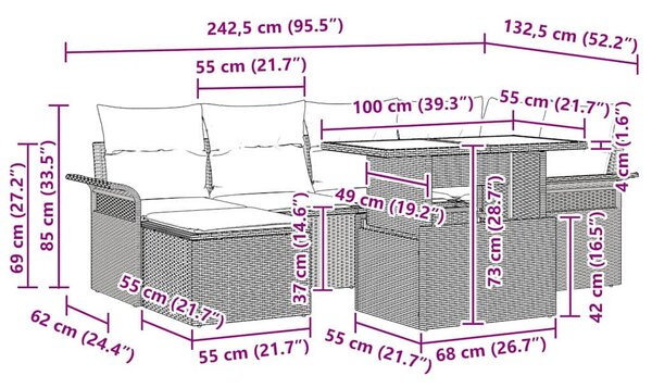 Kerti Kanapé Szett párnával tárolóval 7 pcs Bézs Poli rattan