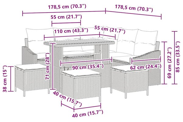 Kerti Kanapé Szett párnával tárolóval 9 pcs Szürke Poli rattan
