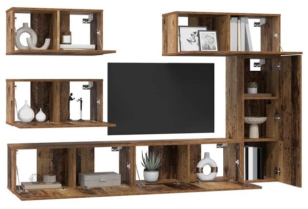 TV szekrény garnitúra Falra szerelhető 6 pcs Öreg fa Faanyag