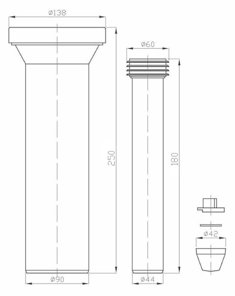 Bruckner Bruckner, WC csatlakozás készlet - egyenes 250 mm, csatlakozó rész 180 mm, 159.322.0