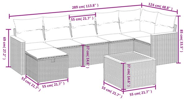 8 részes fekete polyrattan kerti ülőgarnitúra párnákkal