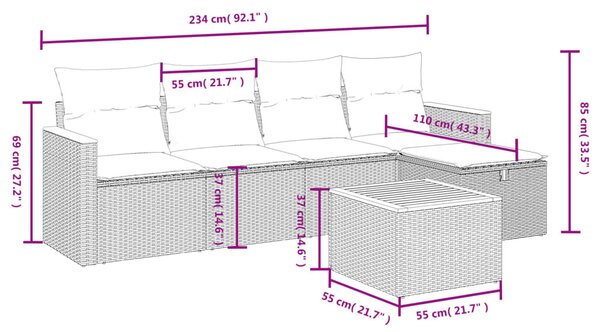 6 részes fekete polyrattan kerti ülőgarnitúra párnákkal