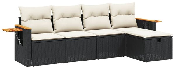5 részes fekete polyrattan kerti kanapészett párnákkal