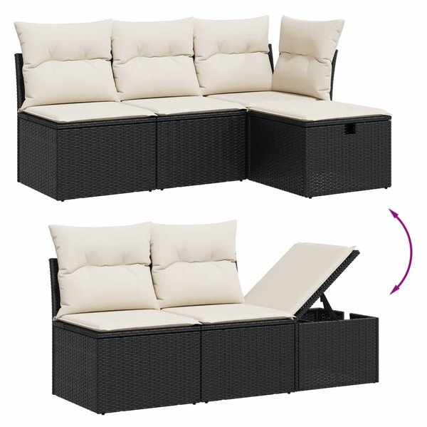 5 részes fekete polyrattan kerti kanapészett párnákkal