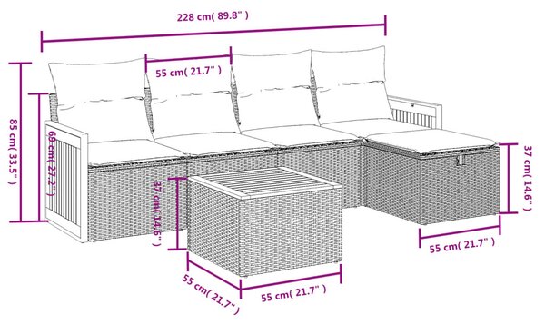 6 részes fekete polyrattan kerti ülőgarnitúra párnákkal