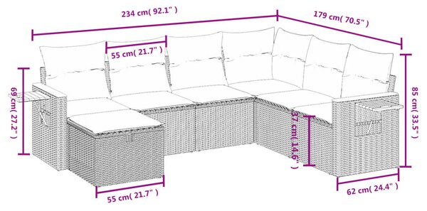 7 részes fekete polyrattan kerti ülőgarnitúra párnával