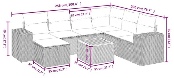 8 részes fekete polyrattan kerti ülőgarnitúra párnákkal
