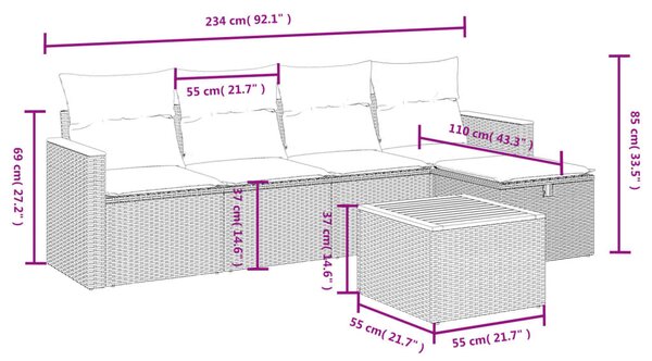 6 részes vegyes bézs polyrattan kerti ülőgarnitúra párnákkal