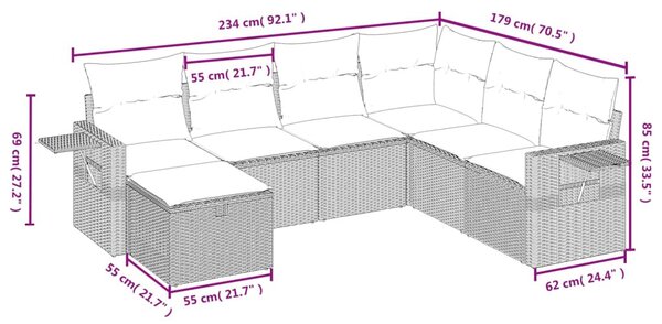 7 részes fekete polyrattan kerti ülőgarnitúra párnával