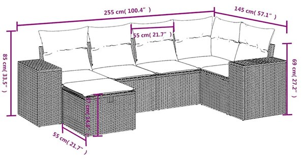 6 részes fekete polyrattan kerti ülőgarnitúra párnákkal