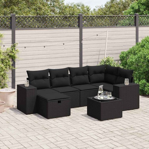 7 részes fekete polyrattan kerti ülőgarnitúra párnával