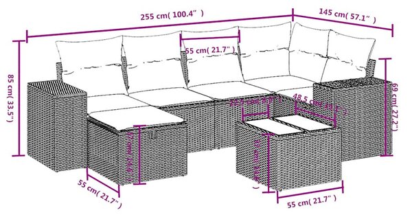 7 részes fekete polyrattan kerti ülőgarnitúra párnával