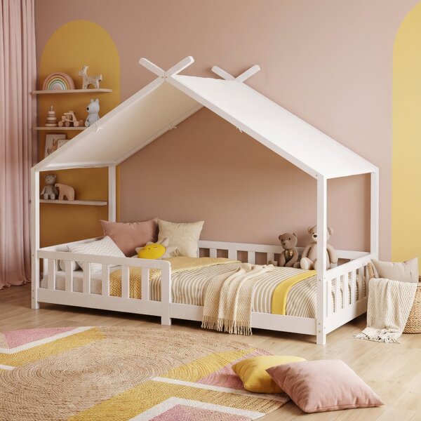 Házikó gyerekágy Rila Montessori stílusban leesésgátlóval 90x200 cm fehér [en.casa]