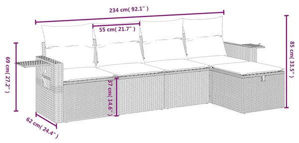 5 részes fekete polyrattan kerti kanapészett párnákkal