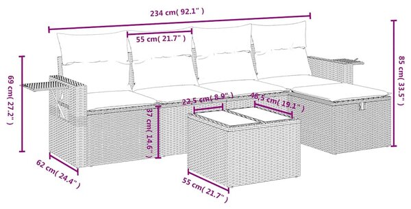 6 részes fekete polyrattan kerti ülőgarnitúra párnákkal