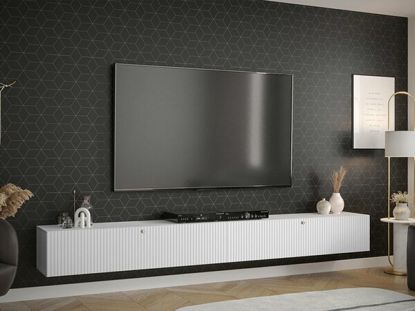 TV-állvány Anulio II, Közepes sűrűségű farostlemez, Laminált forgácslap, 34x300x40cm, Fehér