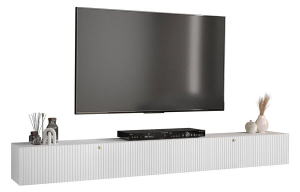 TV-állvány Anulio II, Közepes sűrűségű farostlemez, Laminált forgácslap, 34x300x40cm, Fehér