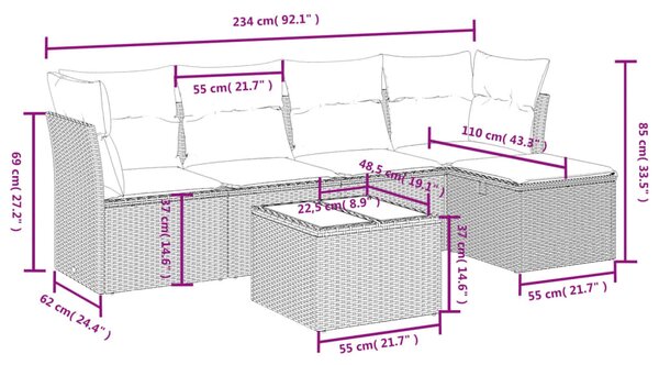 6 részes fekete polyrattan kerti ülőgarnitúra párnákkal