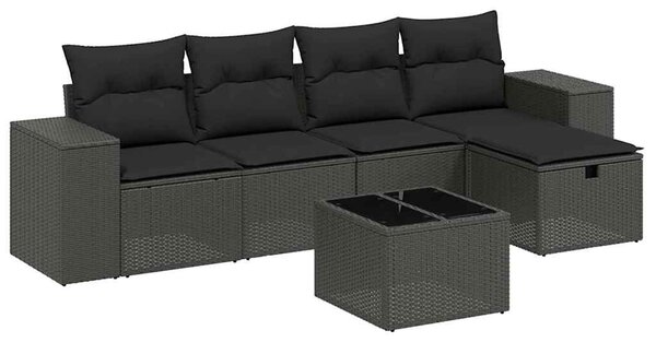 6 részes fekete polyrattan kerti ülőgarnitúra párnákkal