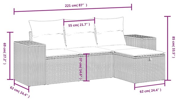 4 részes fekete polyrattan kerti ülőgarnitúra párnákkal