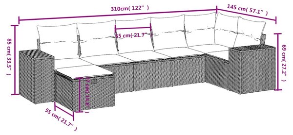 7 részes fekete polyrattan kerti ülőgarnitúra párnával