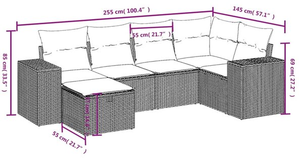 6 részes vegyes bézs polyrattan kerti ülőgarnitúra párnákkal
