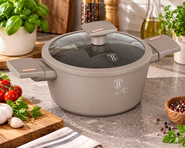 BERLINGER HAUS Taupe Bevonatos lábos 25L üvegfedővel tapadásmentes titánPro bevonat szürke színben 20×10,4cm INDUKCIÓS BH-8100