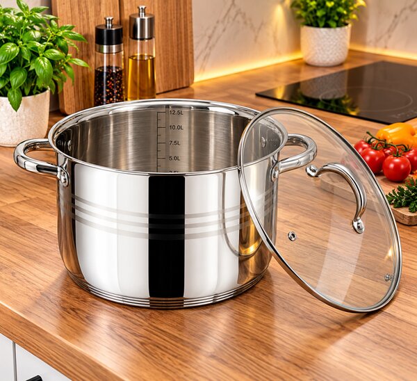 BLAUMAN Gourmet Line rozsdamentes fazék 12,5L üvegfedővel INDUKCIÓS 28×21,5cm inox színben BL-1012A