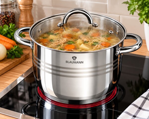 BLAUMANN Gourmet Line Rozsdamentes fazék üvegfedővel 7,7L 24×17,5 cm ezüst színben INDUKCIÓS BL-1010A